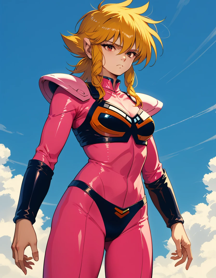 score_9, score_8_up, score_7_up, source_anime, <lora:iczer1_Pony_XL_V1:1>iczer1,solo, beam from hand, pink body suit, arm guards,  bikini armor, armor light indicator, kneehigh boots, out of earth,