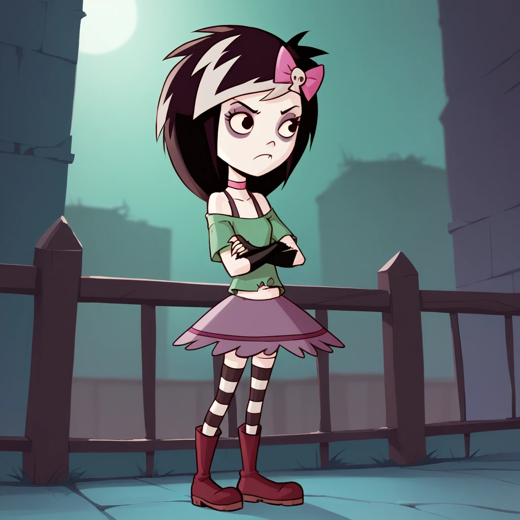 score_9_up, score_8_up, BREAK, Batoria, 1girl, solo, black hair, black eyes, hair bow, pink choker, green shirt, off shoulder,  fingerless gloves, long gloves, skirt, striped thighhighs, boots,  <lora:Batoria_SFLV_PXL_Leaf1:1>, arms at sides, outdoors, crossed arms,