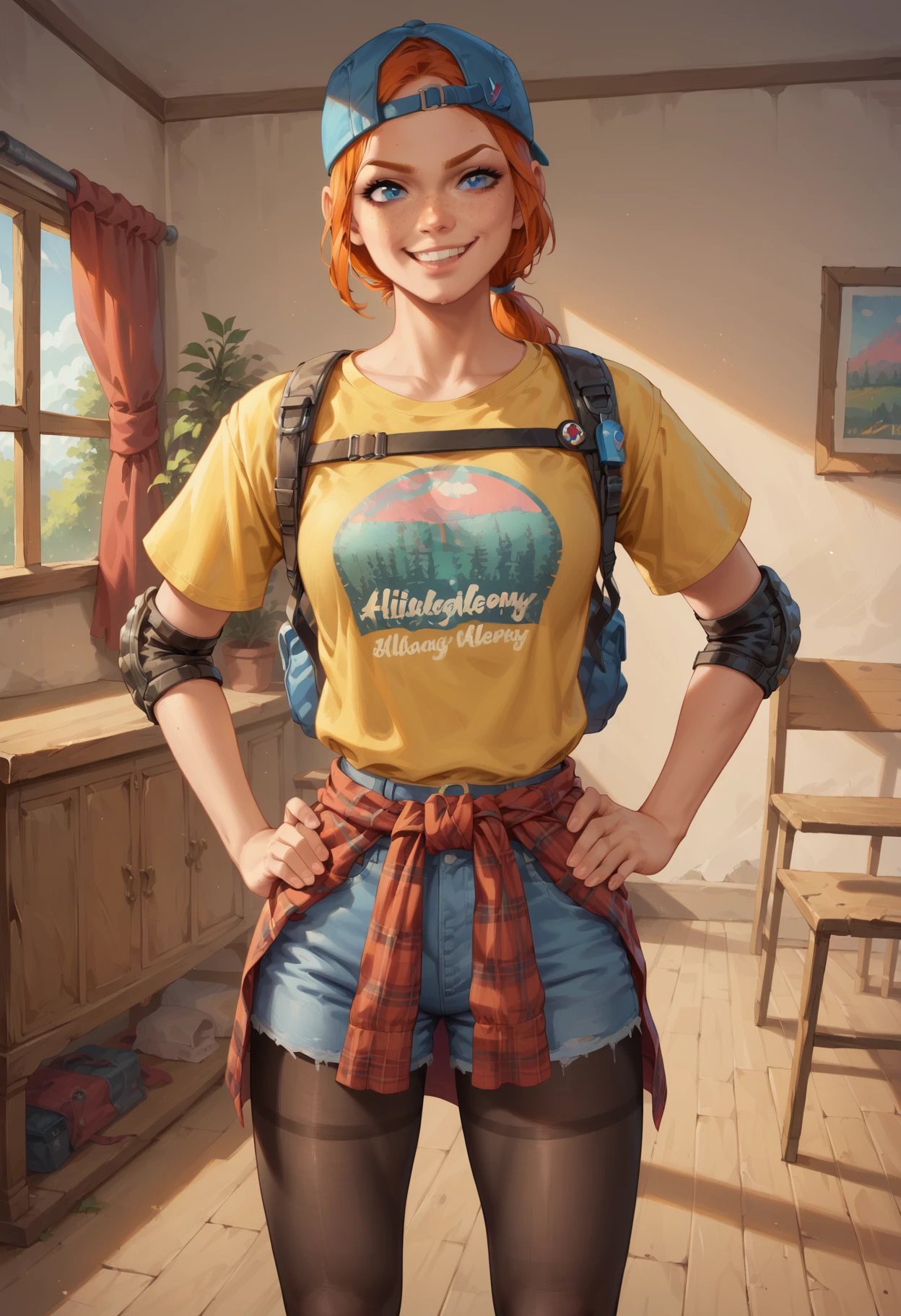 indoors
<lora:holly-b4b:0.7> holly-b4b, orange hair, blue eyes, low ponytail, freckles
yellow shirt, short sleeves, hat, belt, pantyhose, backwards hat, elbow pads, clothes around waist, backpack
standing, smirk, hands on own hips, zPDXL2, score_9, score_8_up, score_7_up, score_6_up, score_5_up, anime, anime style,