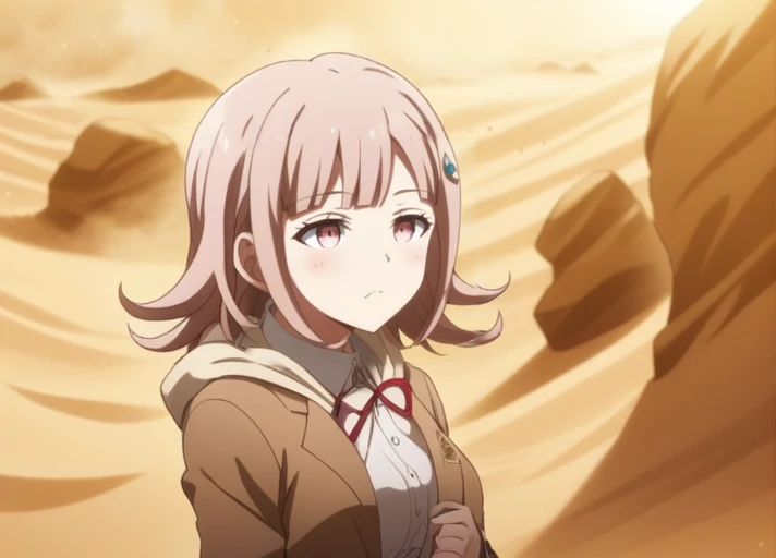 solo, <lora:Chiaki_Nanami_SDXL:1>, This anime screencap is from Danganronpa the Animation. Chiaki Nanami's wearing her uniform from Danganronpa 3. Chiaki Nanami has short hair that slightly curls outwards, though the locks on either side of her face curl inwards. Chiaki Nanami's hair is a dusty light pink that is almost light brown. Chiaki has short straight bangs split towards the right, a white Galaga hairclip pinned to a lock of her hair. Chiaki Nanami has blossom pink eyes. Chiaki's uniform consists of a white button-up dress shirt with a red ribbon tied in a bow at the collar, with a warm brown blazer with a cream-colored hooded cardigan underneath her blazer. She also sports black thigh-high socks and light pink Mary-Jane style shoes with white soles. Chiaki Nanami is enacting a shoulder shimmy . Chiaki's expression is admiring expression . Chiaki Nanami is interacting with amazing quality, masterpiece, best quality, hyper detailed, ultra detailed, UHD, perfect anatomy, portrait, dof, majestic, awesome, inspiring,Capture the thrilling showdown between the ancient mummy in an epic battle amidst swirling dust and desert sands. Embrace the action and chaos as formidable forces clash in the heart of the dunes. cinematic composition, soft shadows, national geographic style