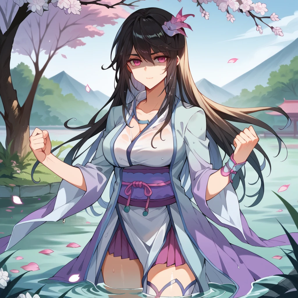 score_9_up, score_8_up, score_7_up, source_anime, masterpiece, best quality, 1girl, solo, YaoYao, Chinese garden, pink tree, petals, sky, wet, wading, pond, wet hair, annoyed smile, (shaded face)+, looking at you, raised fist, black hair, hair ornament, necklace, hair flower, pink eyes, chinese clothes, white dress, light blue dress, white kimono, purple sash, single thighhigh, white thighhighs, purple skirt, pleated skirt, long sleeves, wide sleeves, bracelet, asymmetrical legwear, cleavage, mature body, dynamic cowboy shot, outdoors, sky clouds background