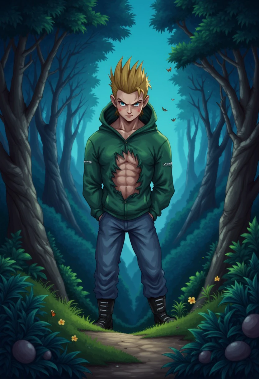 A Young man blonde hair green chaket whith hood and grey pants and black boots and green and blue eyes the chaket is broken and exposed the abs
BRAKE 
in alien forest, iluminated colors butterflys, night time, very stars in the sky