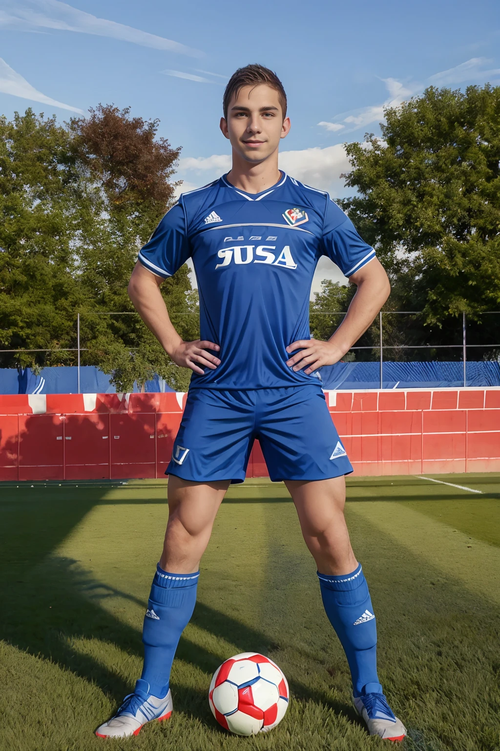 soccer stadium, golden hour, green grass, standing, smiling, FilipCervenka, wearing uniform of Czech national soccer team, (blue jersey:1.4)  with red trim, (blue shorts), (blue socks), sneakers, soccer ball, ((full body portrait)), wide angle   <lora:FilipCervenka:0.8>