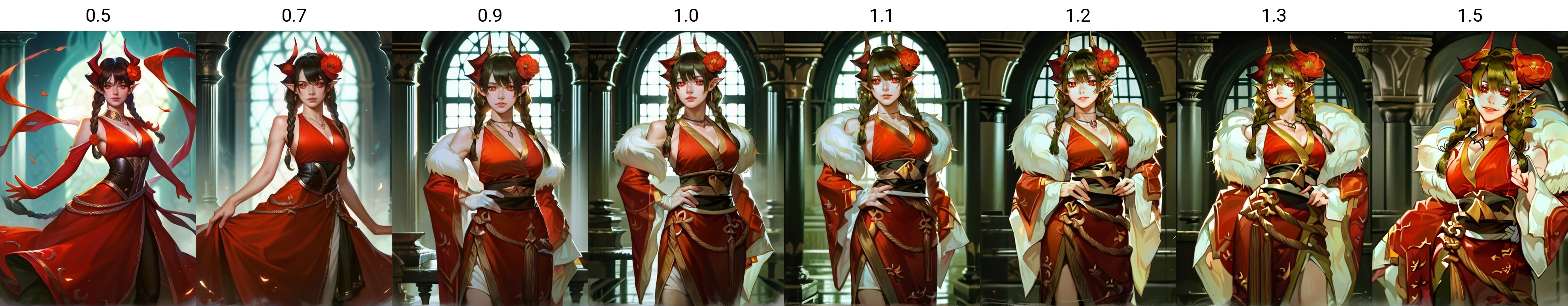 score_9, score_8_up, score_7_up,     detailed background, realistic lighting, 
1 girl, detailed eyes,slim and fit, dynamic pose, 
<lora:Lord_of_Heroes_Lairei_Yen:0.5>, LaireiYen, pointy ears, red eyes, horns, hair flower, red dress, twin braids,