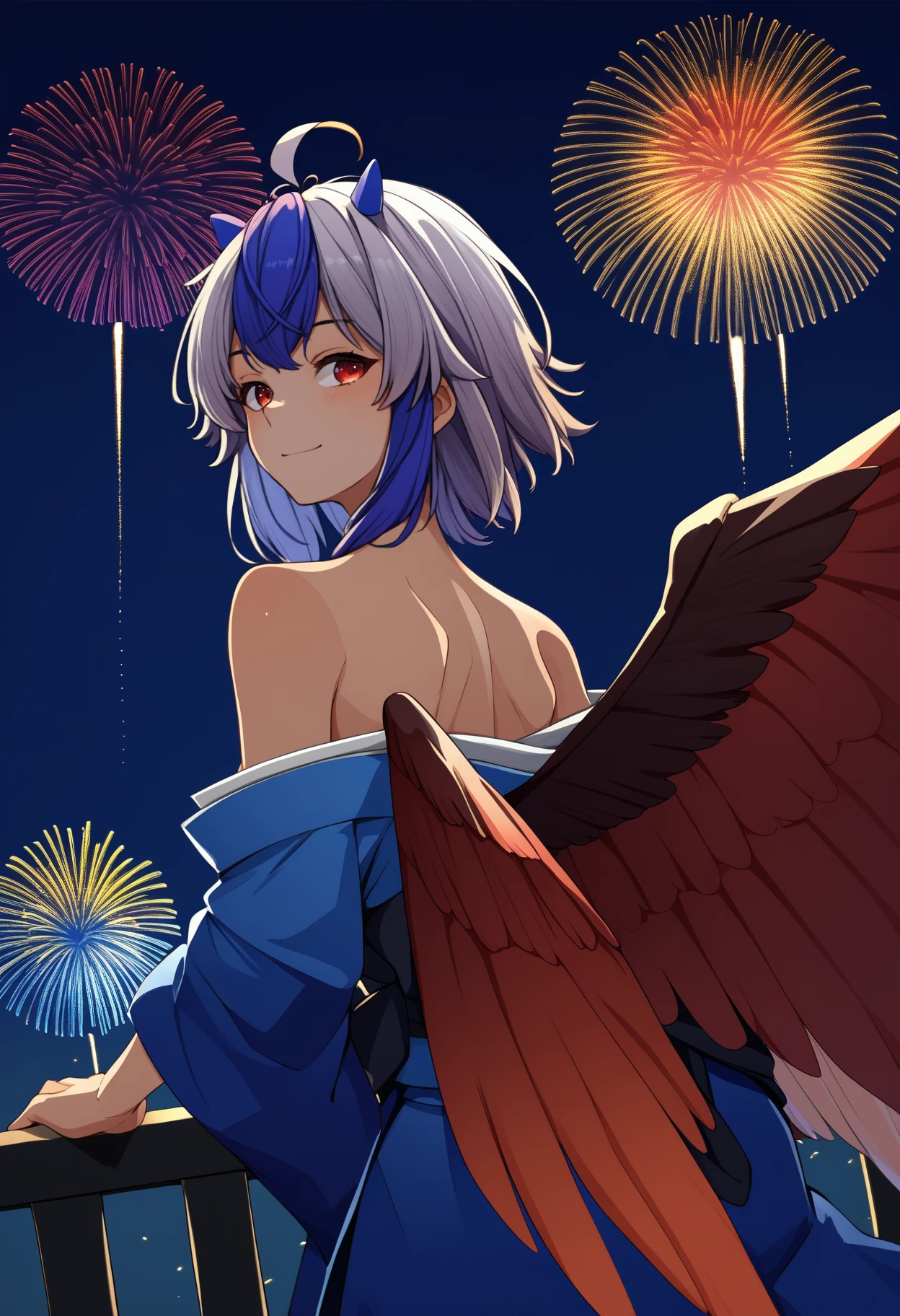 score_9, score_8_up, score_7_up, source_anime, <break> from behind, solo, 1girl, t0kiko, red wings, bird wings, feathered wings, light smile, looking back, ahoge, horns, single head wing, japanese clothes, blue kimono, off shoulder, bare shoulders, fireworks
<segment:yolo-face_yolov8m.pt,0.4,0.5//cid=1>