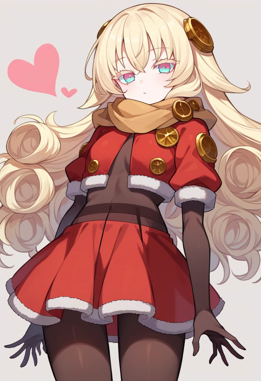 score_9, score_8_up, score_7_up, source anime, warg, 1girl, long hair, blonde hair, gloves, character doll, solo, heart, pantyhose, doll, brown hair, scarf, hair ornament, looking at viewer, colored eyelashes, santa costume, armor, two tone eyes, red cropped jacket, red skirt, black gloves, <lora:warg-xl-pony-v1-000005:1>,