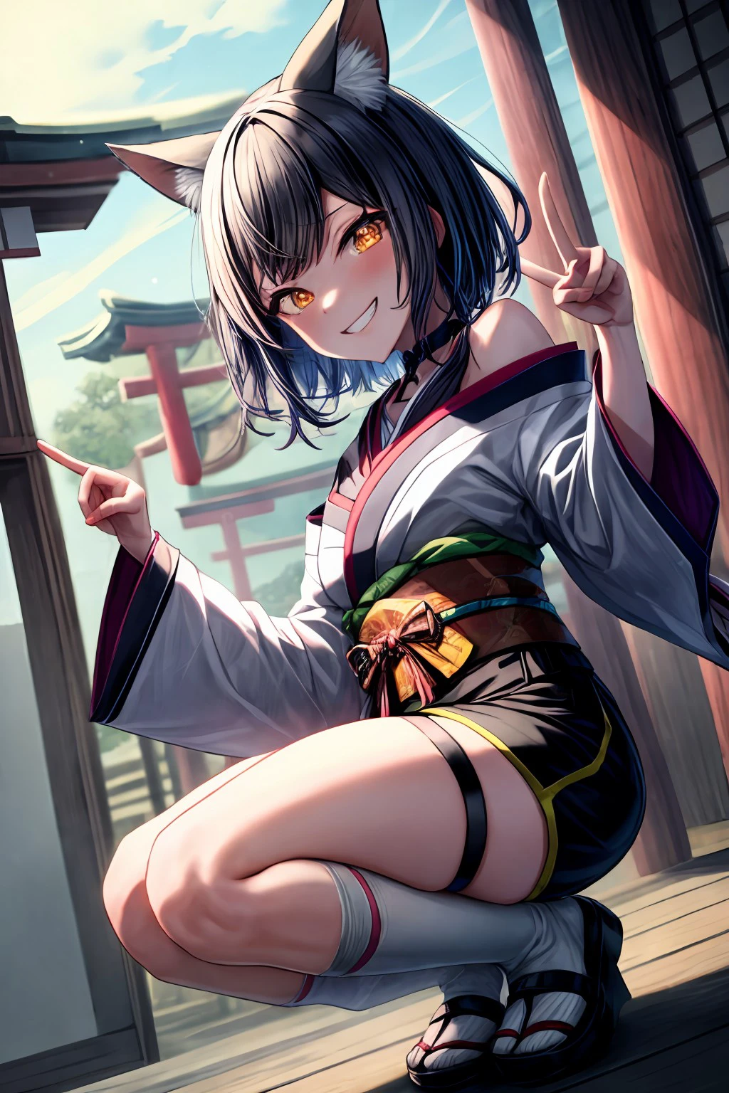 (masterpiece), best quality, expressive eyes, perfect face, shiraishi_an, looking at viewer, smile, short hair, long sleeves, animal ears, bare shoulders, yellow eyes, japanese clothes, shorts, socks, kimono, off shoulder, black footwear, grin, orange eyes, kneehighs, fox ears, thigh strap, mask, animal, black shorts, fishnets, torii, fox mask, fox shadow puppet, fox, egasumi, seigaiha, <lora:2a82a2e5-0f1a-46a2-abe9-35b378f754b3:0.7>, <lora:more_details:0.7>