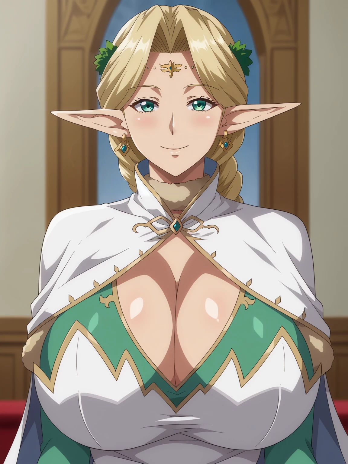 <lora:Ephildis_Agraliel-Kyonyuu_Elf_Oyako_Saimin:0.7>,Ephildis,mature female,1girl,solo,pointy ears,blonde hair,green eyes,elf,huge breasts,earrings,cleavage,dress,upper body,looking at viewer,indoors,smile