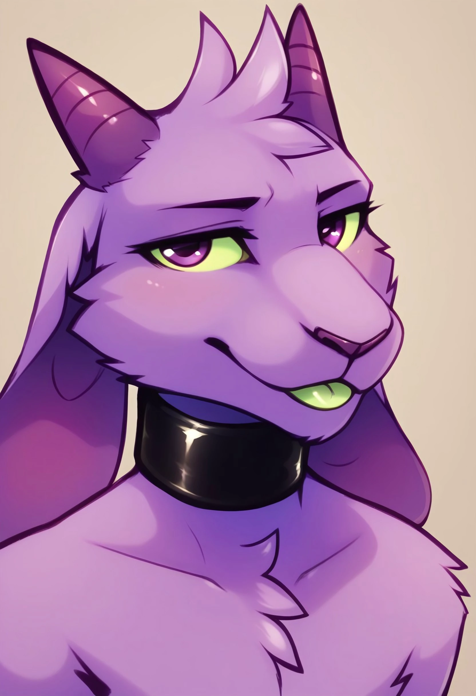 score_9, score_8_up, score_7_up, BREAK, by darkmirage, yagi, anthro, horns, long ears, purple eyes, green sclera, purple body, purple horns, purple fur, BREAK, black choker, solo, bust, looking at viewer, tongue, green tongue, head to side