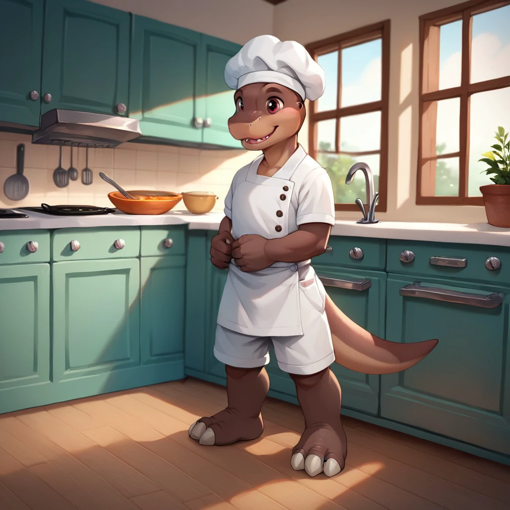 score_9, score_8_up, score_7_up, score_6_up, source_furry,  littlefootlbt, anthro, male, Apatosaurus, scalie, dinosaur, sauropod, brown skin, red-brown eyes, young anthro, cub, in the kitchen, chef outfit, full body, <lora:e06e469f-d170-4ad4-9c25-f62d4356852d:0.7>