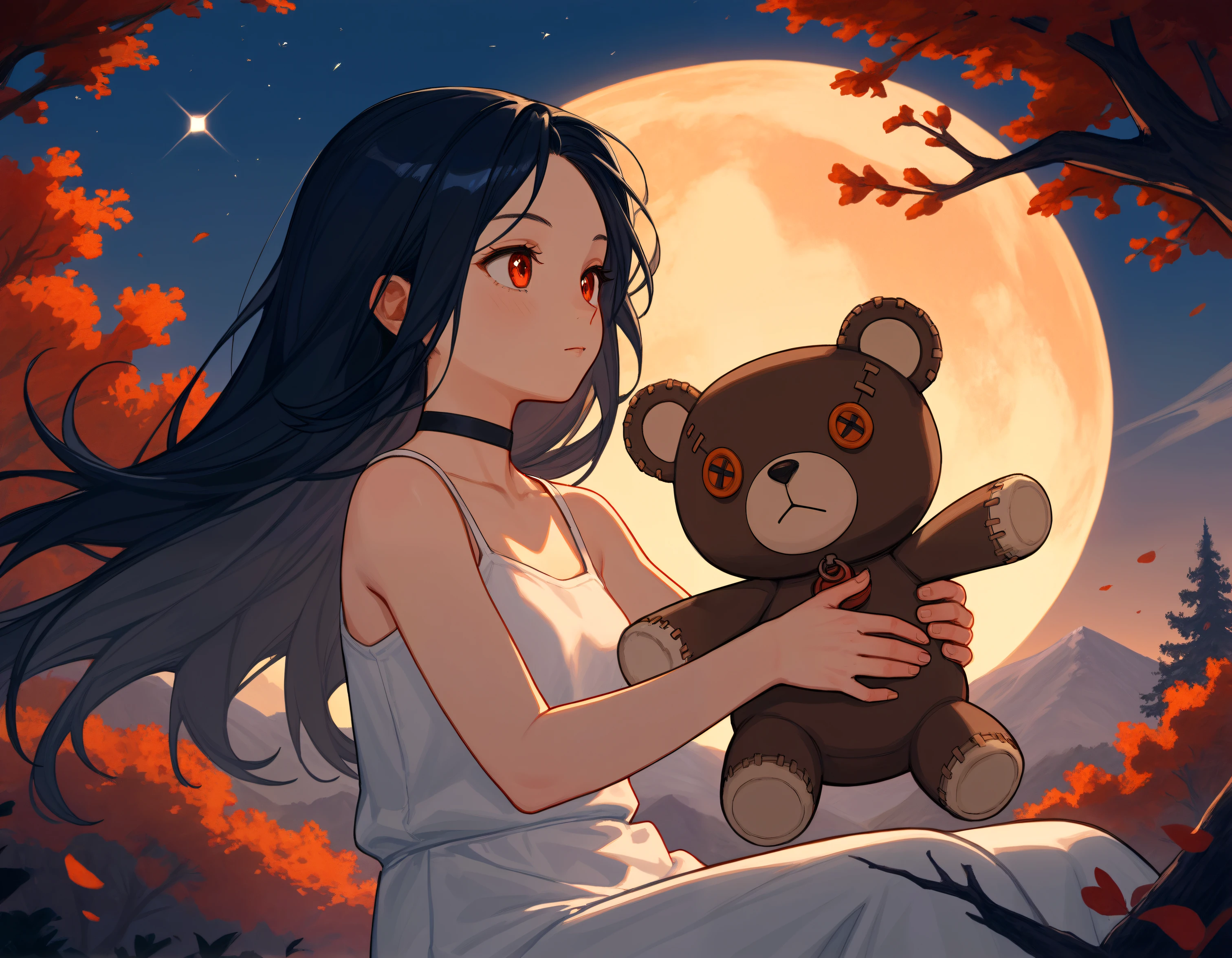 (score_9, score_8_up, score_7_up),source_anime, 1girl, blue hair, cute, choker, ember eyes, lying beneath tree, Gu1ltyG3arStr1veR0g3r, sitting on another, on lap, stuffed_animal, teddy_bear, x_x, button_eyes, nature, mountains, tyndall effect, sunset glow, floating ashes,beautiful, detailed, red moon,fire cloud, cloudy sky