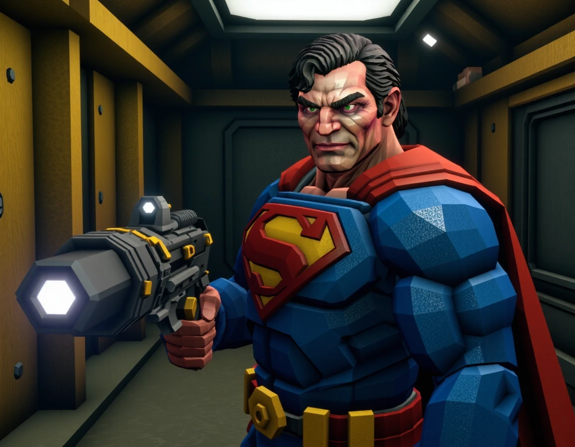 superman, looking forward at viewer, holding a heavy weapon, in a space station
 <lora:DeepRock-v3-000014:1> deeprock