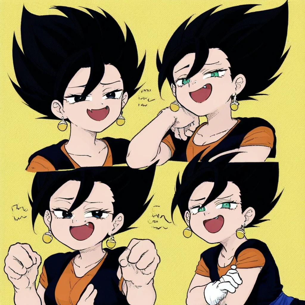 lady vegetto, spiked hair, earrings, dark blue dougi, blue obi, black hair, orange undershirt, smug, fang, anime