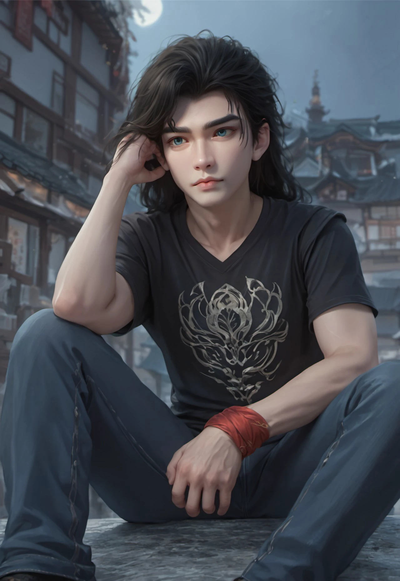 realistic image, young man, beautiful, Thai, with samurai style hair, with a bun on the top of his head, wears black T-shirt, wears black pants, SILVER eyes, detalista and realistic, beautiful, without a beard, wearing a blouse, farther from the camera and without a bard and with silver eyes and THIN, BEAUTIFUL, BEAUTIFUL, alone --auto --s2