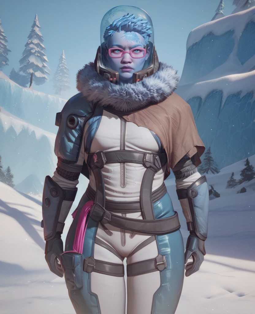 score_9,score_8_up,score_7_up,score_6_up,mrsfrzessq,blue eyes,blue ice hair,short hair,facial mark,pink glasses,
helmet,bodysuit,fur trim,looking at viewer,
standing,
snow,outdoors,night,<lora:msfreezeSSQXK-12:0.8>,