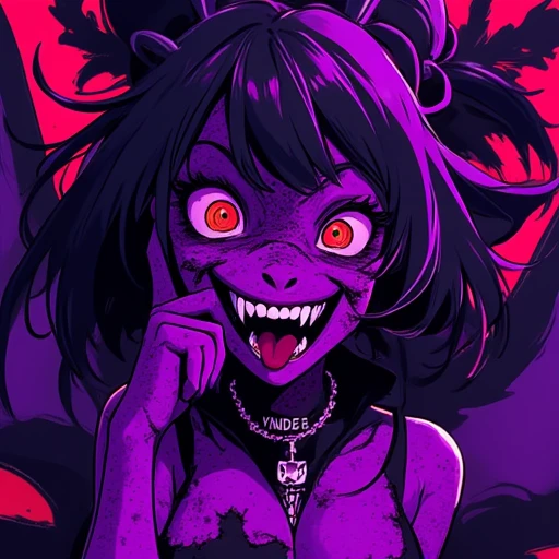 (Two Braided twintails, black hair, pink eyes:1.3), masterpiece,1girl, solo, (masterpiece, best quality, colorful), volumetric light, backlighting, best shadows, (1girl:1.1), from below, leaning forward, looking at the viewer, BREAK, (thick eyebrows:1.1), (eyeliner:1.3), (crazy eyes:1.3), maniac, chaotic, open mouth, tongue, wide grin, (crazy grin:1.3), (sharp teeth:1.2), (yandere:1.3), BREAK, (black goth bikini), cleavage, gothic, choker, earrings, BREAK, (madness, insane:1.2), loosing mind, night, fading lights, mist, city, darkness, (negative_v2 Color_Balance_Calibration:0.8)