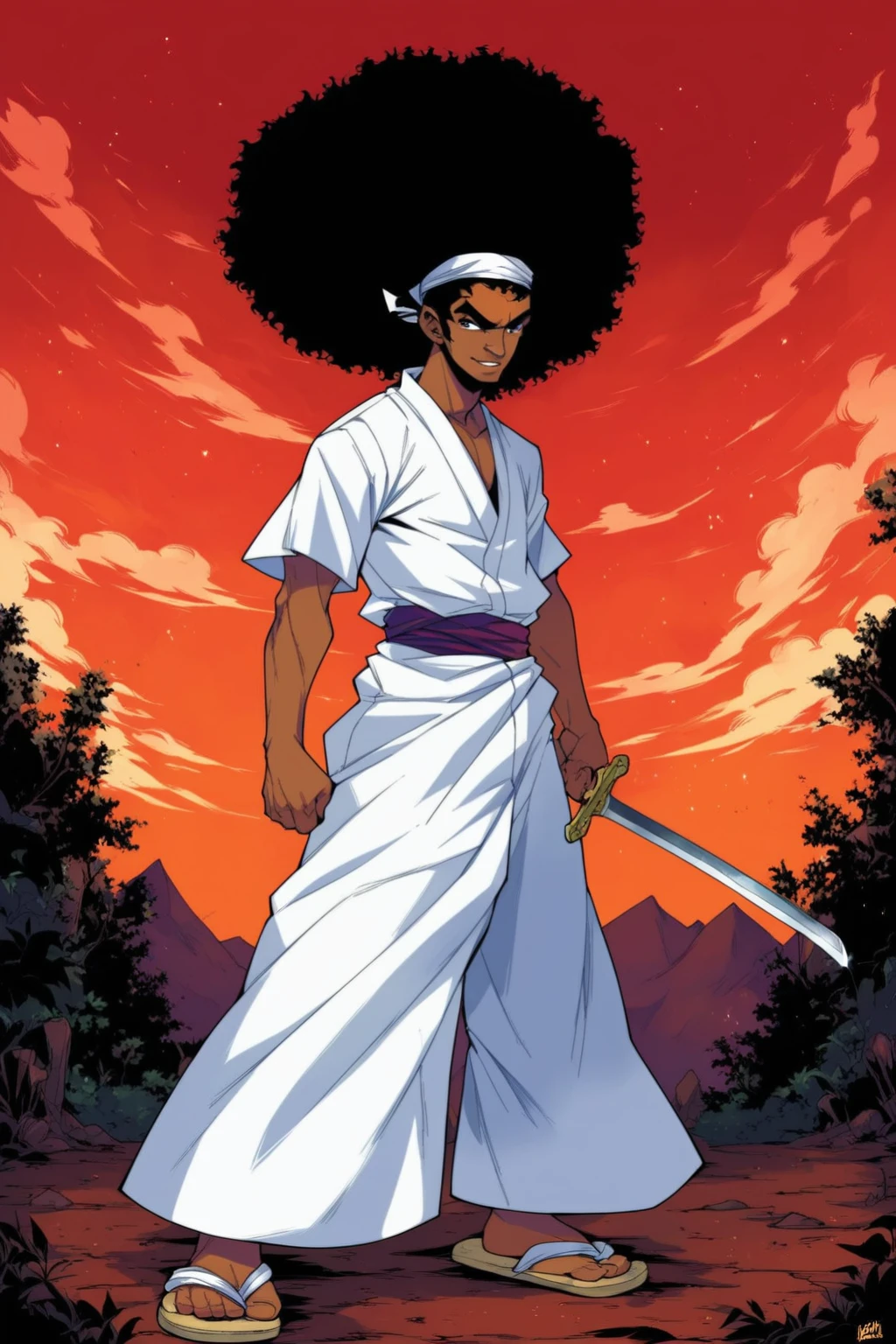 score_9, score_8_up, score_7_up, score_6_up, score_5_up, score_4_up, masterpiece, high quality, BREAK, full body, BREAK, 1boy, <lora:Afro_Samarai:0.9> AfroSamarai, black hair, afro, katana, tanned skin, wood sandals, drawing sword,