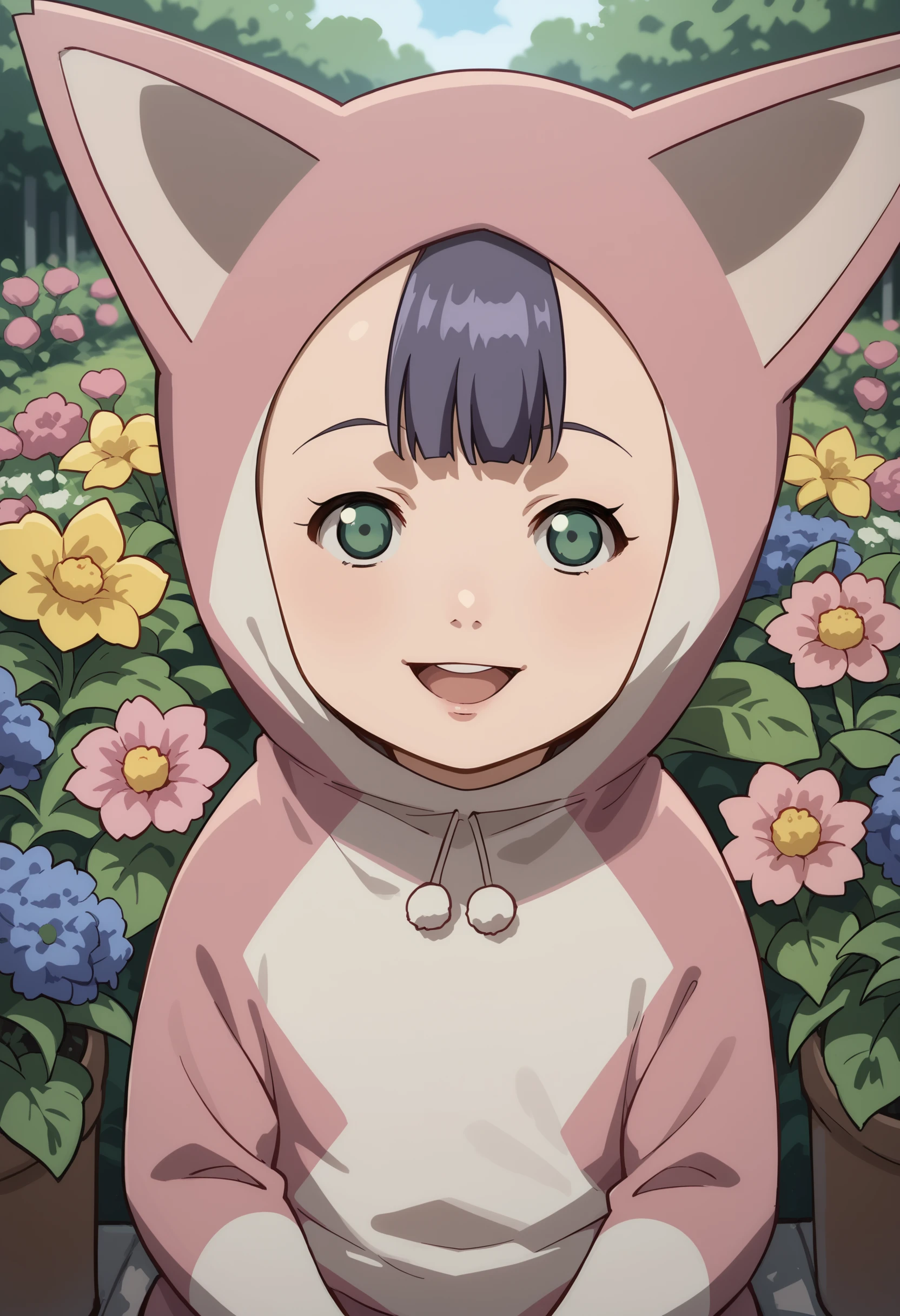 score_9, score_8_up, score_8, source_anime, 1girl, <lora:PinoBunnyEP:0.85> chibi, purple hair, bangs, green eyes, animal costume, animal ears, hood, upper body, looking at viewer, smile, open mouth, sitting, close up, 
garden, flowers,