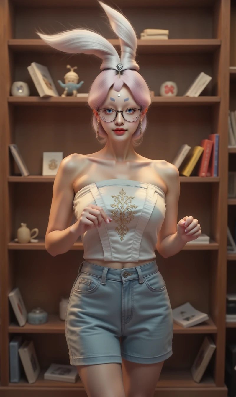 tuzi, rabbit ears, 1girl, solo，
platinum hair,


This is a warm and cozy photo. In the photo, there is a woman standing between tall wooden bookshelves, dressed in a casual outfit of a white camisole and denim shorts. Her hair is a striking blend of pink, tied up in a loose bun with a few strands falling around her face. She wears a pair of stylish glasses that frame her focused eyes as she reads a book, completely absorbed in its pages. Her fingers lightly trace the lines on the page, and her lips curl into a faint smile, suggesting she is enjoying a delightful story. The soft lighting of the bookstore casts gentle shadows, and the shelves around her are filled with colorful books, creating an intimate and inviting atmosphere.