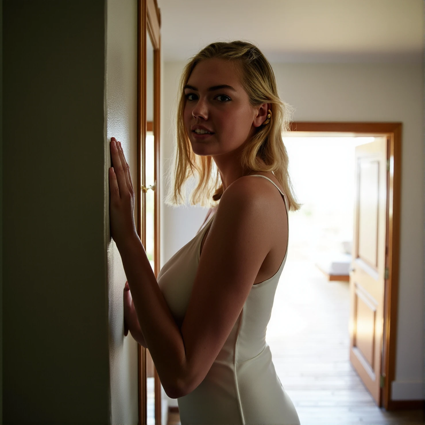 <lora:kate_flux_v2-000021:1> kat3upton, long blonde hair, Framed by a window, a lady stands in a room filled with soft, diffuse light. The narrow depth of field, achieved by a wide aperture, blurs the background, focusing on her form.