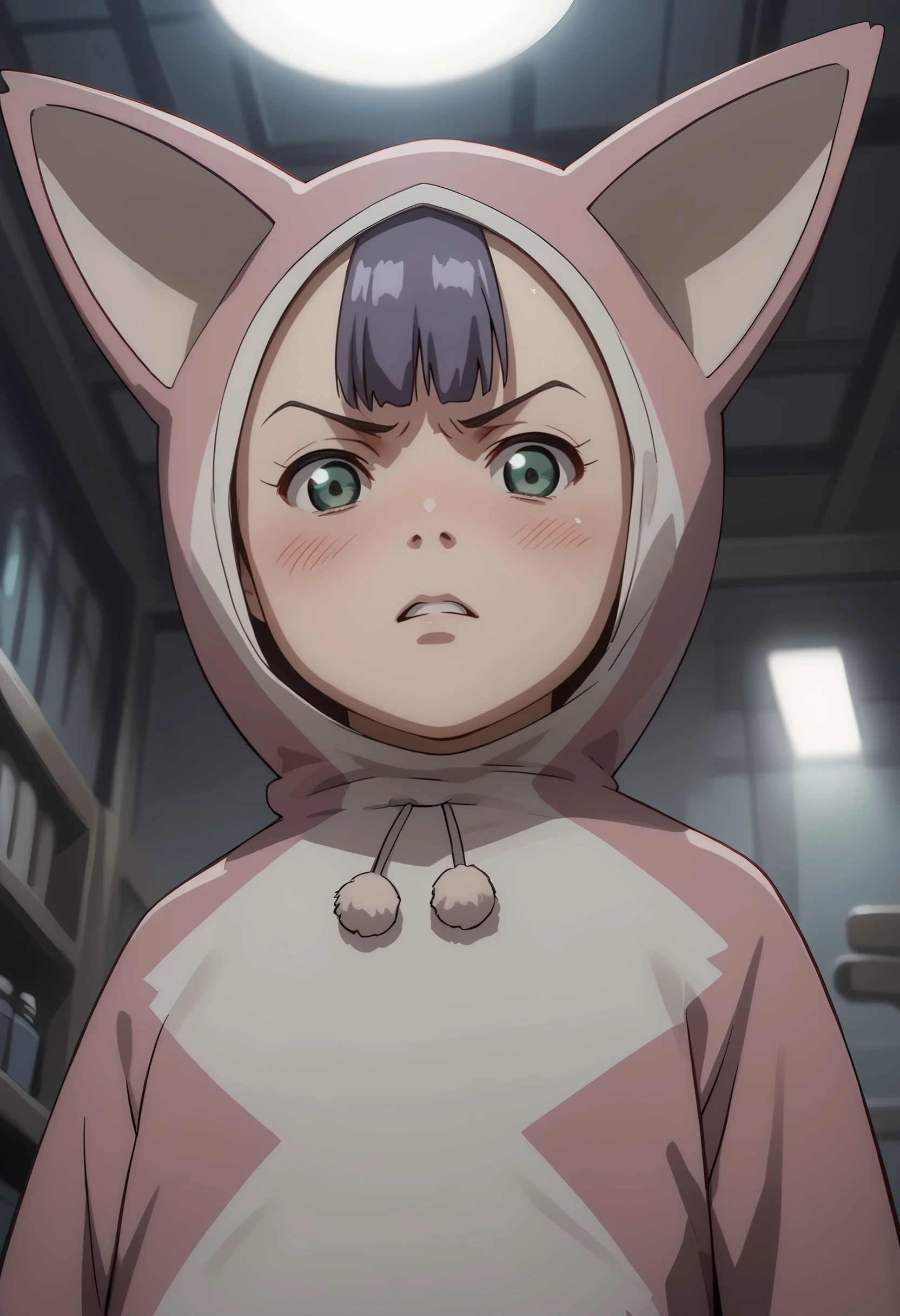 score_9, score_8_up, score_7_up, score_6_up, score_5_up, score_4_up, 1girl,  <lora:PinoBunnyEP:0.85> purple hair, bangs, green eyes, animal costume, animal ears, hood, standing, upper body, blush, looking at viewer, from below, angry, 
indoors, dark city,