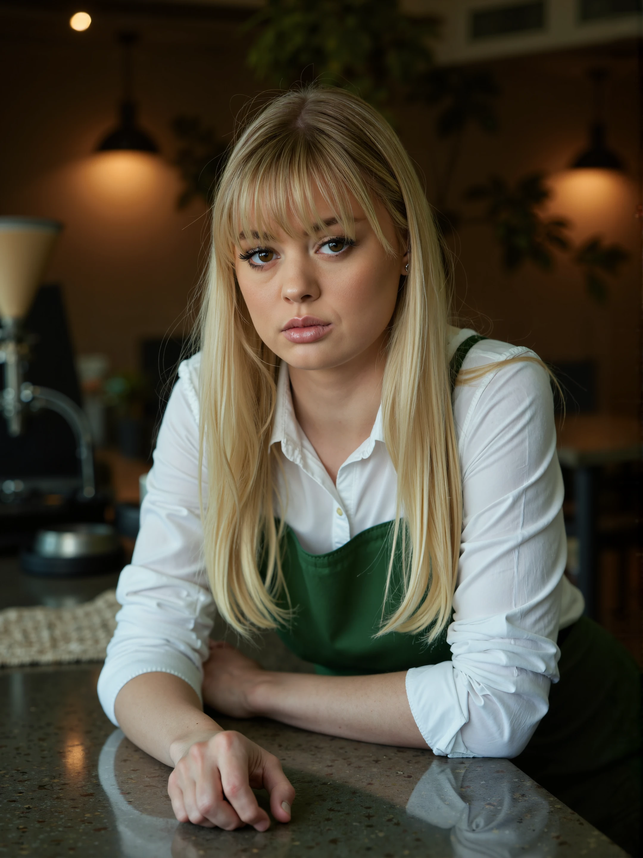 masterpiece, best quality, 8k RAW photo, (film grain:1.5), <lora:Laura:0.8> laurapalmer, blue and white waitress uniform, holding a cup of coffee and a small plate of cherry pie, in a diner , blonde hair, looking at viewer, gentle,