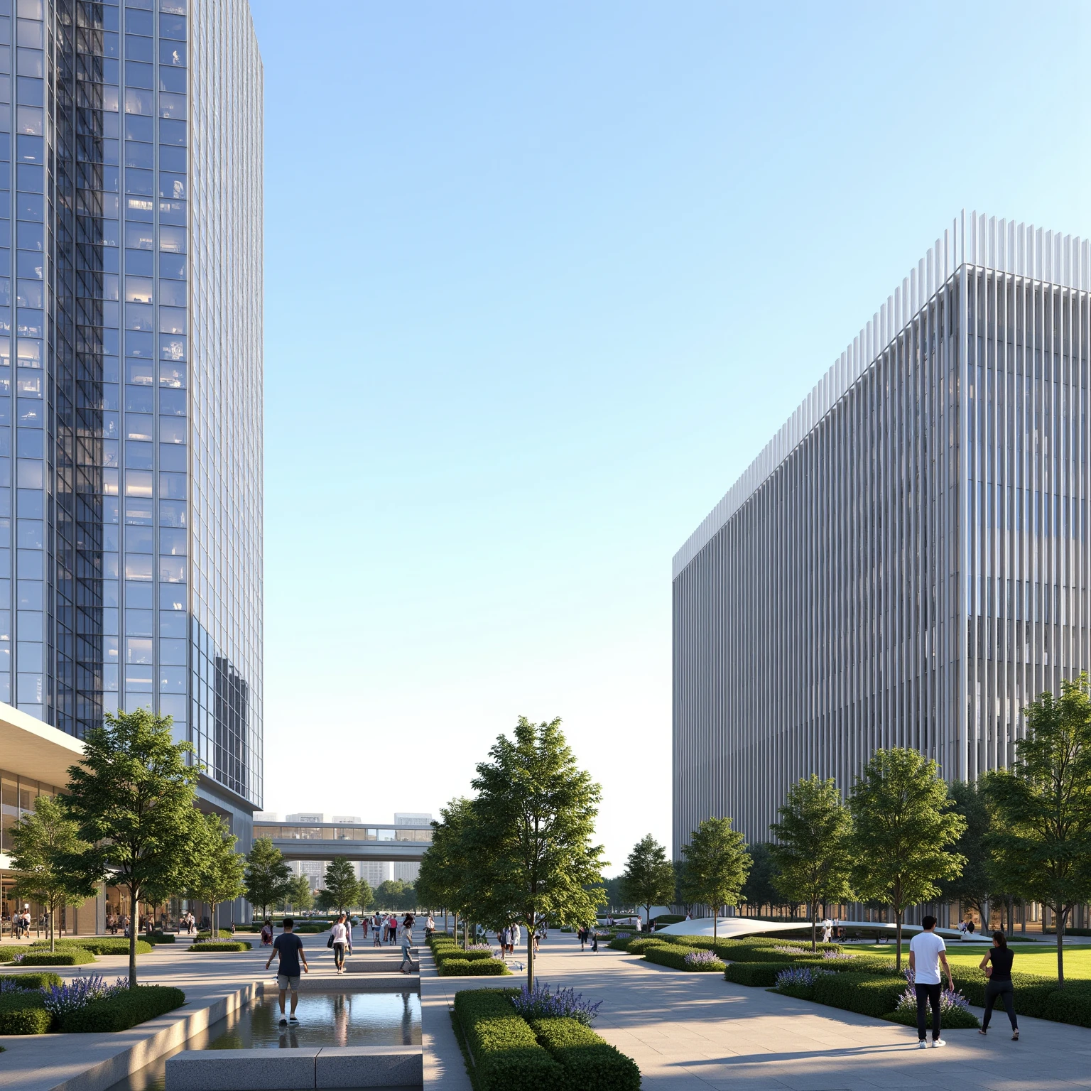 The image showcases a modern architectural landscape,presumably of a corporate or commercial area. Dominating the scene is a tall,sleek building with extensive glass facades,reflecting the surroundings. Adjacent to this building is a more linear structure with vertical lines,possibly a modern office building. In the foreground,there's a beautifully designed plaza area with water features,neatly trimmed greenery,and a few people engaging in various activities. The ambiance suggests a serene and harmonious blend of nature and urban development.,