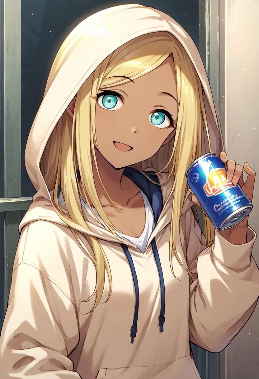 score_9, score_8_up, score_7_up, source_anime,layla, long hair, blonde hair, dark skin, aqua eyes, 1girl, solo, hood, dark-skinned female, hoodie, looking at viewer, open mouth, can, smile, collarbone, hood down