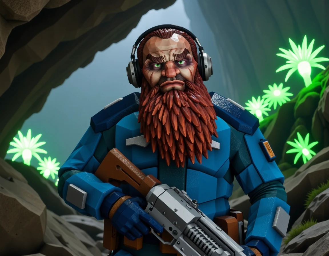 cinematic photo of scout,  with huge red beard,  wearing communication headset, wearing blue uniform, holding a futuristic gun, in a dark cave with strange bio-luminescent plants 
 <lora:DeepRock-FLUX-V2-000006:0.9> deeprock