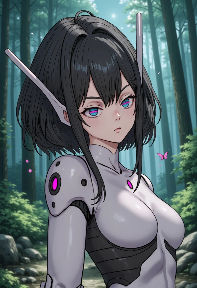 Bidaia android girl with white cybernetic body with black details and fuchsia turquoise eyes with a bright horizontal pink line in the middle short black hair with two strands hanging near her long pointed ears with a rectangular shape if her face is pale and beautiful, in anien forest, iluminated colors butterflys, night time, very stars in the sky