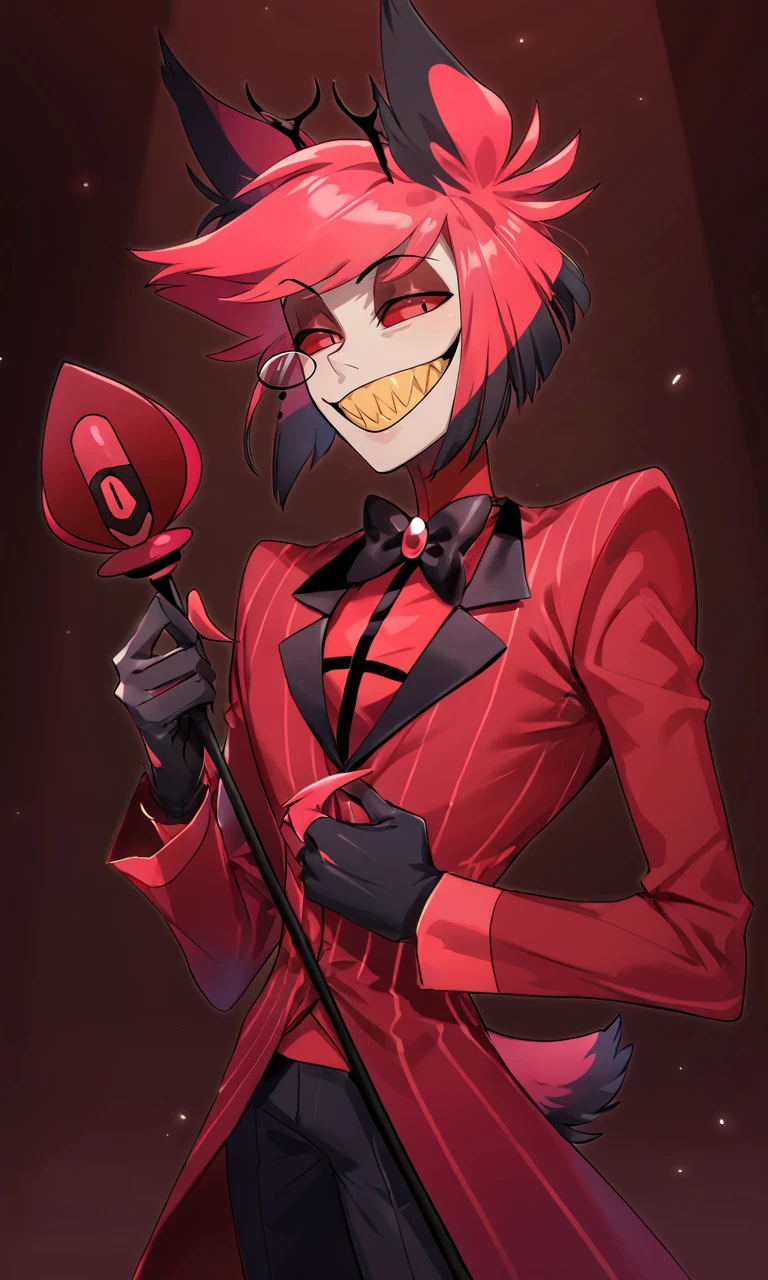 detailed man face, score_9, score_8_up, score_7_up, score_6_up, score_5_up, score_4_up, alastor_hh, alastor \(hazbin hotel\), sharp teeth, smile, teeth, solo, colored sclera, 1boy, male focus, red eyes, holding staff, suit, formal, red hair, grin, gloves, evil smile, looking at viewer, tail, black gloves, upper body