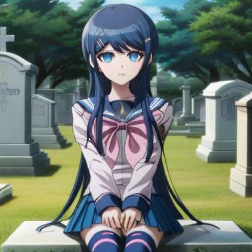 zPDXL2, 4n1v3rs3, (2D anime style) , <lora:Sayaka_Maizono_SDXL:1>,  This is an anime screencap from Danganronpa 3.  Sayaka Maizono wearing her uniform from Danganronpa 1. She has her long blue hair down. She is wearing the white and blue Hope's Peak Academy uniform with a white top. Her sleeves reach her wrists.  She's wearing a light pink ribbon.  She has a short, pleated, blue skirt. She has blue thigh high socks. The setting is a cemetery. Sayaka Maizono is sitting in front of a grave with a headstone in the shape of a microphone.