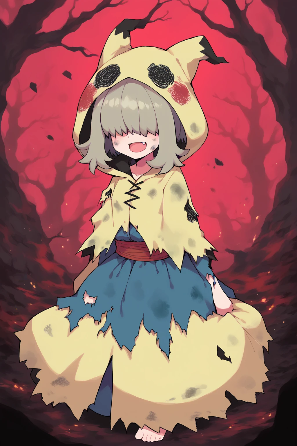 score_9, score_8_up, score_7_up, score_6_up, score_5_up, score_4_up, masterpiece, high quality, BREAK, full body, BREAK, 1girl,   <lora:MimikyuFit:1> MimikyuFit, mimikyu, pokemon, outfit, hood, pale yellow outfit, ripped clothes, broken clothes, dirty clothes,  <lora:Hoseki_UzakiChan_YanagiUzaki_PDXL_v1:0.9> ynguzk, fang, covered eyes, short hair with long locks, pink shirt, long sleeves, blue shorts