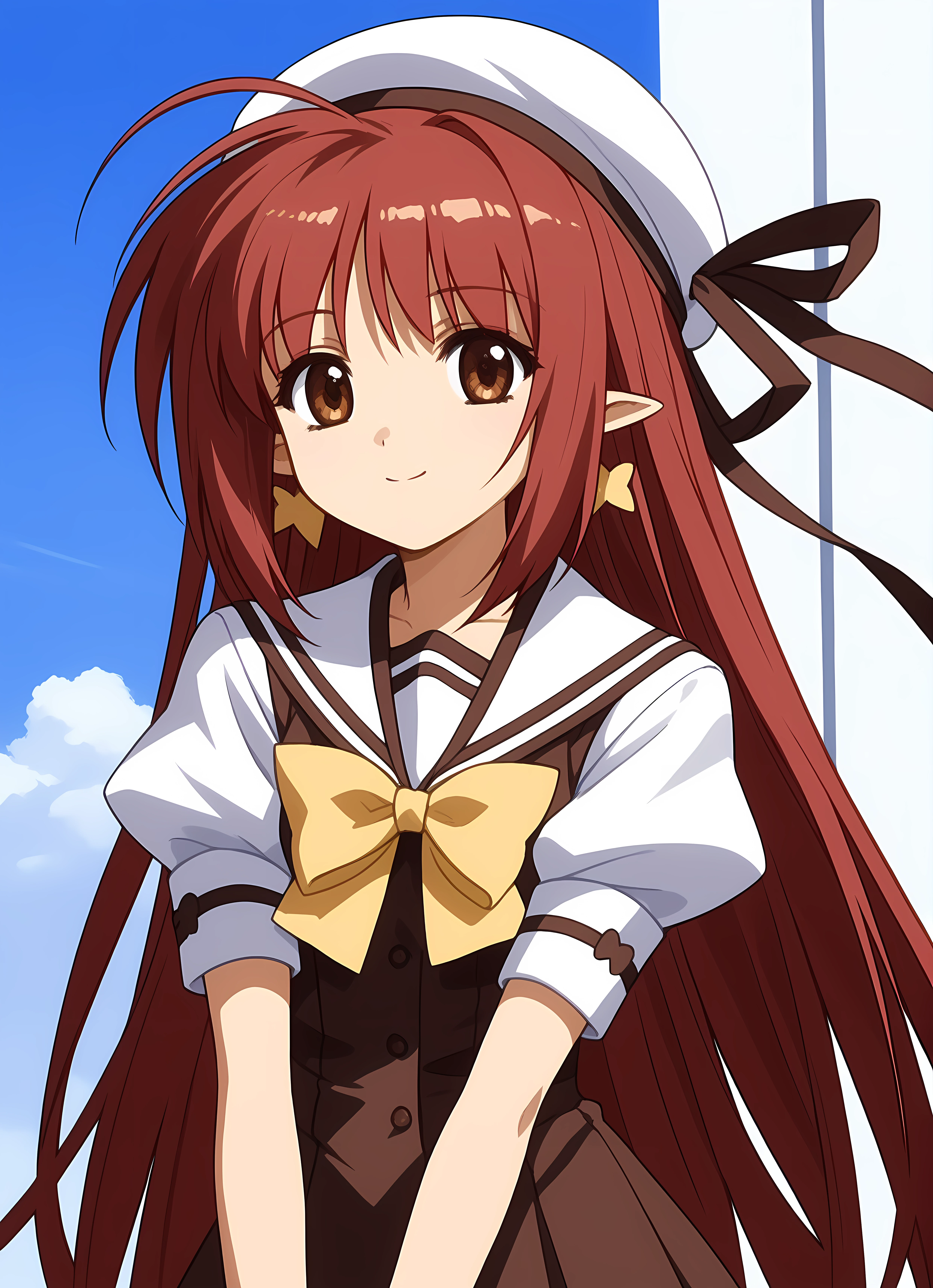 score_9,score_8_up,score_7_up,closed mouth, shiny skin, light smile,ohwx, 1girl, red_hair, long_hair, brown_eyes, solo, pointy_ears, school_uniform, ahoge, ribbon, bow, hat, very_long_hair, jewelry, solo_focus, puffy_sleeves, short_sleeves, serafuku, brown_hair, puffy_short_sleeves, yellow_bow, shirt, hair_ribbon, beret, sailor_collar, earrings, skirt, vest, dress, Mimicking holding a cute bunny, Alphonse Mucha,<lora:lisianthus_pony_sobsynapse-000009:0.8>