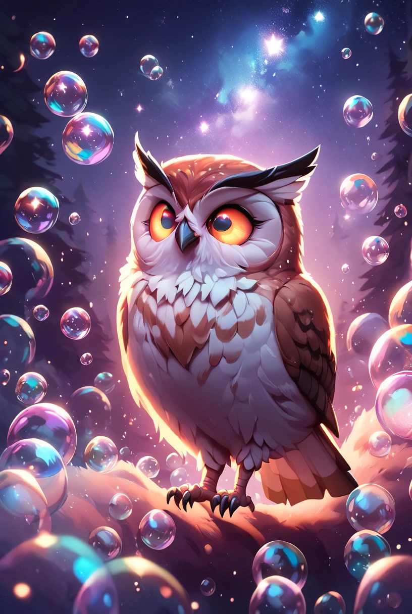 <lora:Dream_Bubble_Pony_r1:1>, owl, swooping silently, focused eyes, soft white feathers, dream bubble, moonlit forest, glowing stars twinkling in the sky, score_9, score_8_up, score_7_up, score_6_up,