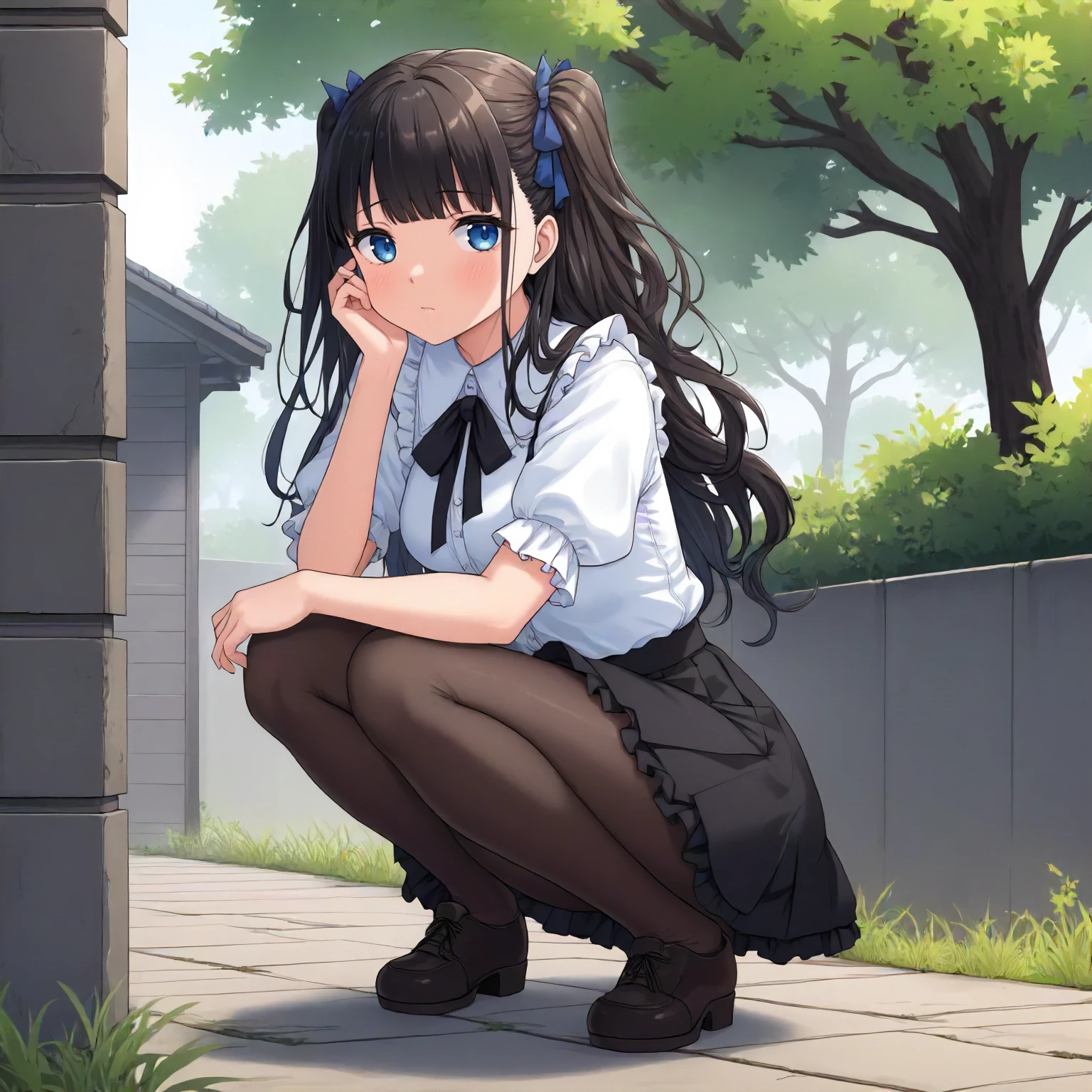 <lora:JJtYM_YusaXL001>,
outdoors,
solo,
Yusa,1girl,black hair,long hair,two -side up,blue eyes,
white shirt,frilled_shirt,
high west skirt,black skirt,
pantyhose,
squatting,