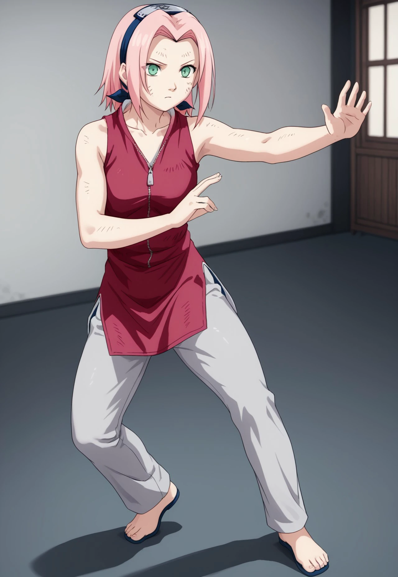 
score_9, score_8_up, score_7_up, (())
,
((( 1girl, solo, Catmb, stance, fighting stance)))
,
(( ))
,
((( full body view )))
,
((( )))
,
(((<lora:sakura-haruno-s1-ponyxl-lora-nochekaiser:1>, sakura haruno, medium hair, green eyes, pink hair, parted bangs, dress, bare shoulders, collarbone, sleeveless, sleeveless dress, zipper, zipper pull tab, forehead protector,))
,
(( Indoor, white modern wall  ))
,
(((  )))
,
((((  ))) 