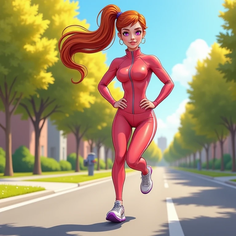 digital cartoon of  Blossom in a jogging suit in the suburb,  <lora:PPGBlossom:1>