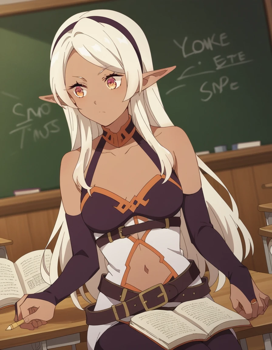 score_9, score_8_up, score_7_up, source_anime, <lora:farming-isekai-ya-s1-ponyxl-lora-nochekaiser:1>, ya, long hair, white hair, hairband, pointy ears, dark skin, dark-skinned female, orange eyes, black hairband, elf, dark elf, medium breasts,, gloves, navel, bare shoulders, collarbone, elbow gloves, belt, bridal gauntlets, navel cutout,, classroom, chalkboard, day time, studying, sitting, chair, desk,, , , hand holding a pencil, solo,, cowboy shot, dutch angle