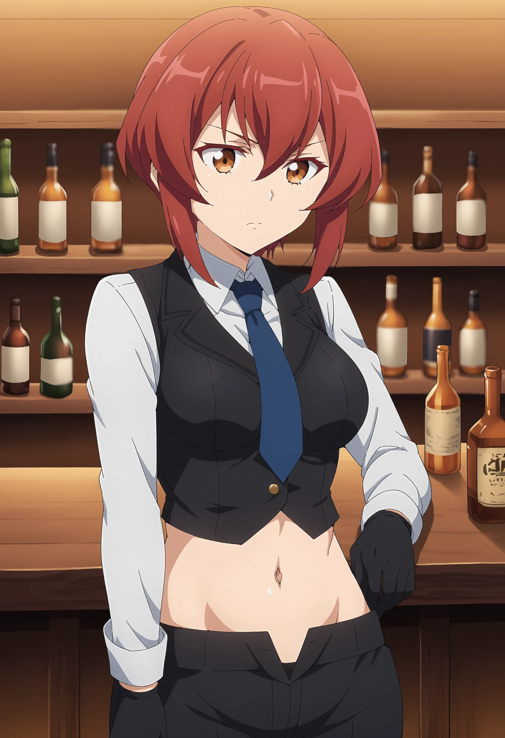 EBKurena, 1girl, solo, short hair, hair between eyes, brown eyes, medium breasts, red hair, shiny hair, shirt, gloves, long sleeves, navel, closed mouth, white shirt, black gloves, midriff, collared shirt, vest, bottle, black vest, blue necktie, bar (place)
<lora:xl_more_art-full_v1:0.8>,   <lora:KurenaKukumila-08:1>