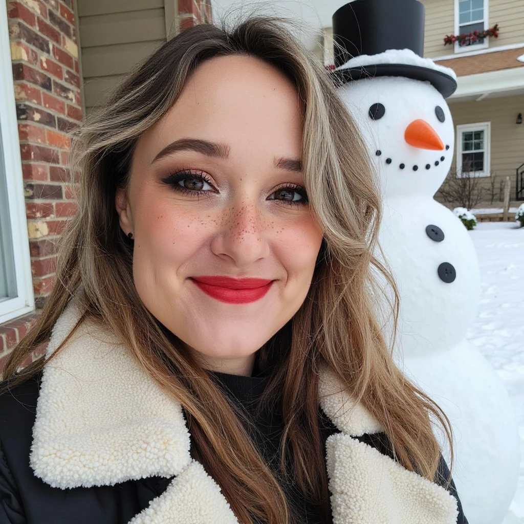 A photo of a woman. The photo includes her entire body. She is wearing red lipstick. She has bold black eyeliner. She has smokey eyeshadow. She has a slight grin. She is looking directly into the camera. She has a natural skin texture. The skin is very detailed including skin pores. She has red polish. She has faint freckles across her nose and cheeks. There is a touch of blonde in her hair.
She is wearing a large winter coat. She is standing outside. There is a snowman in the background