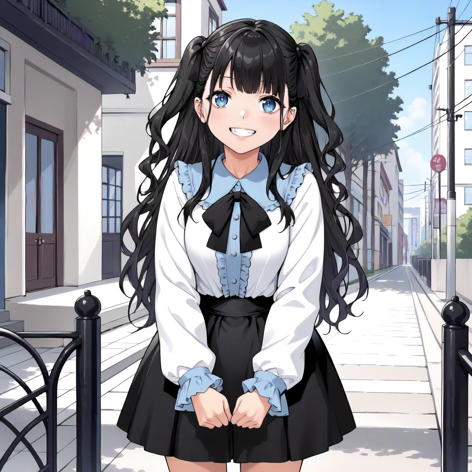 <lora:JJtYM_YusaXLpony002>,
outdoors,
grin,
solo,
Yusa,1girl,black hair,long hair,two -side up,blue eyes,
white shirt,frilled_shirt,long_sleeves,
high west skirt,black skirt,
standing,