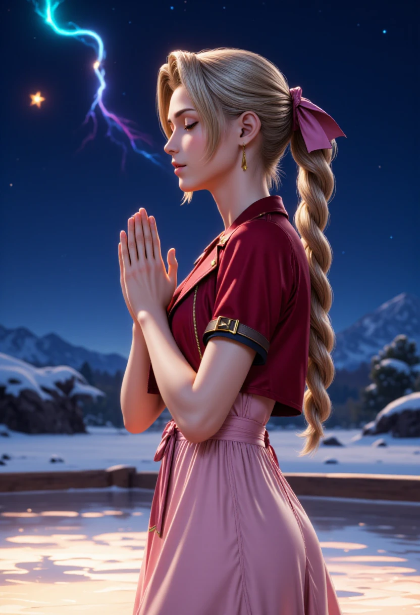 <lora:Aerith_Gainborough_on_Flux:1> profile view, realistic anime picture of aer1th,  closing her eyes and pressing her hands together in prayer. She is standing in a glowing pool of water, at night, with a shooting start in the sky. wearing a cropped red jacket, pink dress and a pink bow.  <lora:RealisticAnimeFlux_v2:0.8>