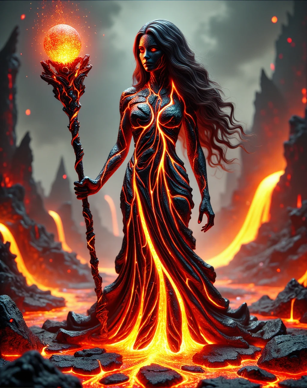 llava_style, majestic and powerful goddess made entirely of molten lava and volcanic rock stands tall in a glowing volcanic realm. Her body is sculpted from hardened volcanic stone, with glowing veins of molten lava running through the cracks in her skin, radiating intense heat. Her eyes burn like molten embers, and her hair flows like molten lava streams cascading down her back. She wears a gown made of flowing molten rock, glowing brightly as it trails behind her.