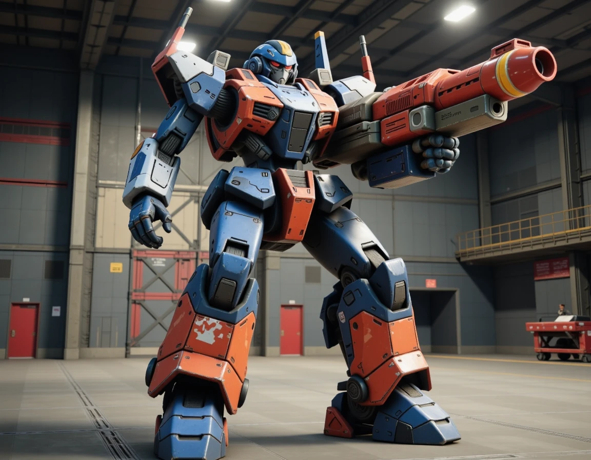 cinematic photo of a military robot, blue, orange, camo pattern paint, heavy cannon on arm, in a hanger
 <lora:Mecha_Flux:0.5> Mech01, mecha, , futuristic,  high-tech <lora:Mechabellium-v1-000008:1> mechabellum