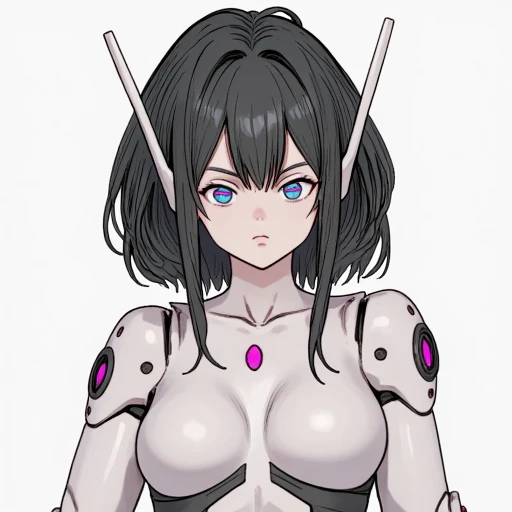 Bidaia android girl with white cybernetic body with black details and fuchsia turquoise eyes with a bright horizontal pink line in the middle short black hair with two strands hanging near her long pointed ears with a rectangular shape if her face is pale and beautiful