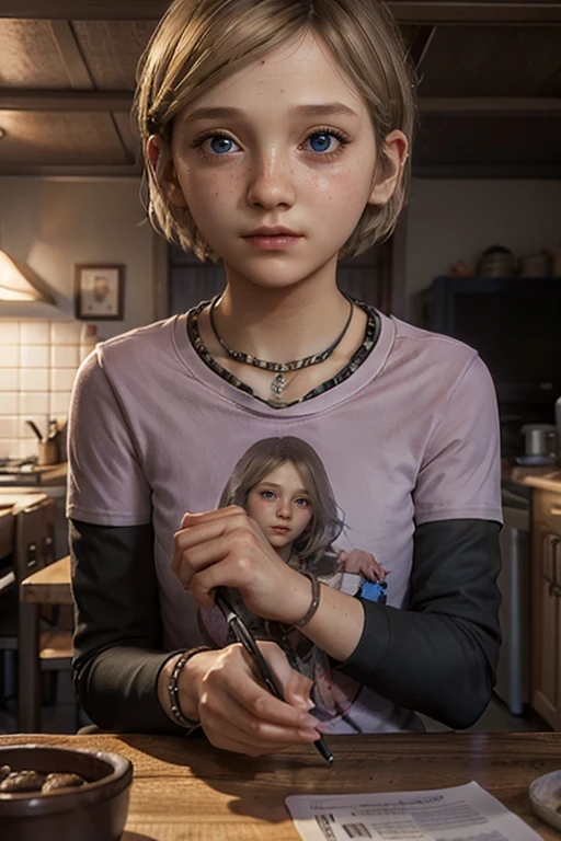 A stunning and intricate full color Ultra-HD portrait, 12 year old girl, short blonde hair, blue eyes, perfectly detailed face, wearing pink long sleeve t-shirt, necklace (black logo), bracelet, in a house, epic character composition, sharp focus, natural lighting, subsurface scattering, f2, 35mm,
