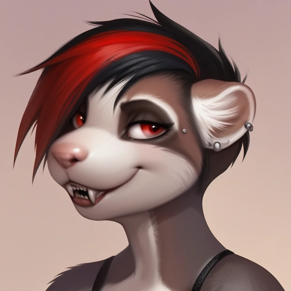 1girl, furry, female, ferret, anthro, close up, face, punk hair, two tone hair, fangs, ear piercings