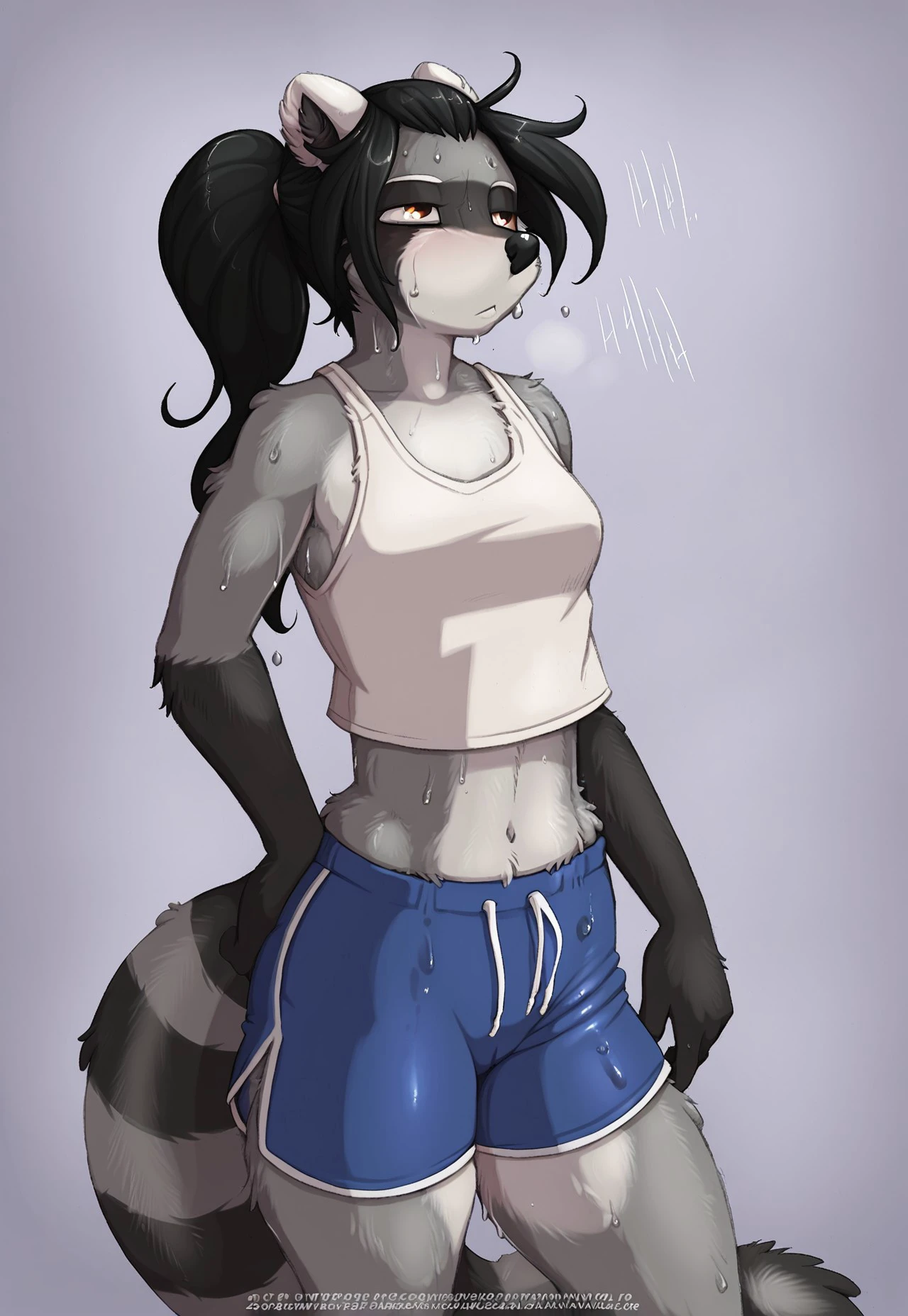 score_9, score_8_up, score_7_up, score_6_up, score_5_up, score_4_up, jay_naylor_style, furry, raccoon, solo, brooke reed, female, tail, sweat, shorts, blue shorts, clothed, tail, black hair, ponytail, grey fur, athletic, tank top, midriff, amber eyes, tired, panting, wet