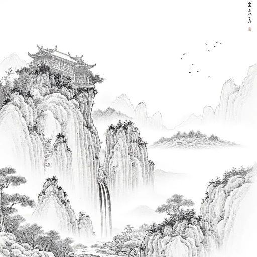 Chinese Scenery line art, mountain with trees, waterfall,  Chinese mansion on mountain top, cloud, birds in far background, perfect drawing, no human